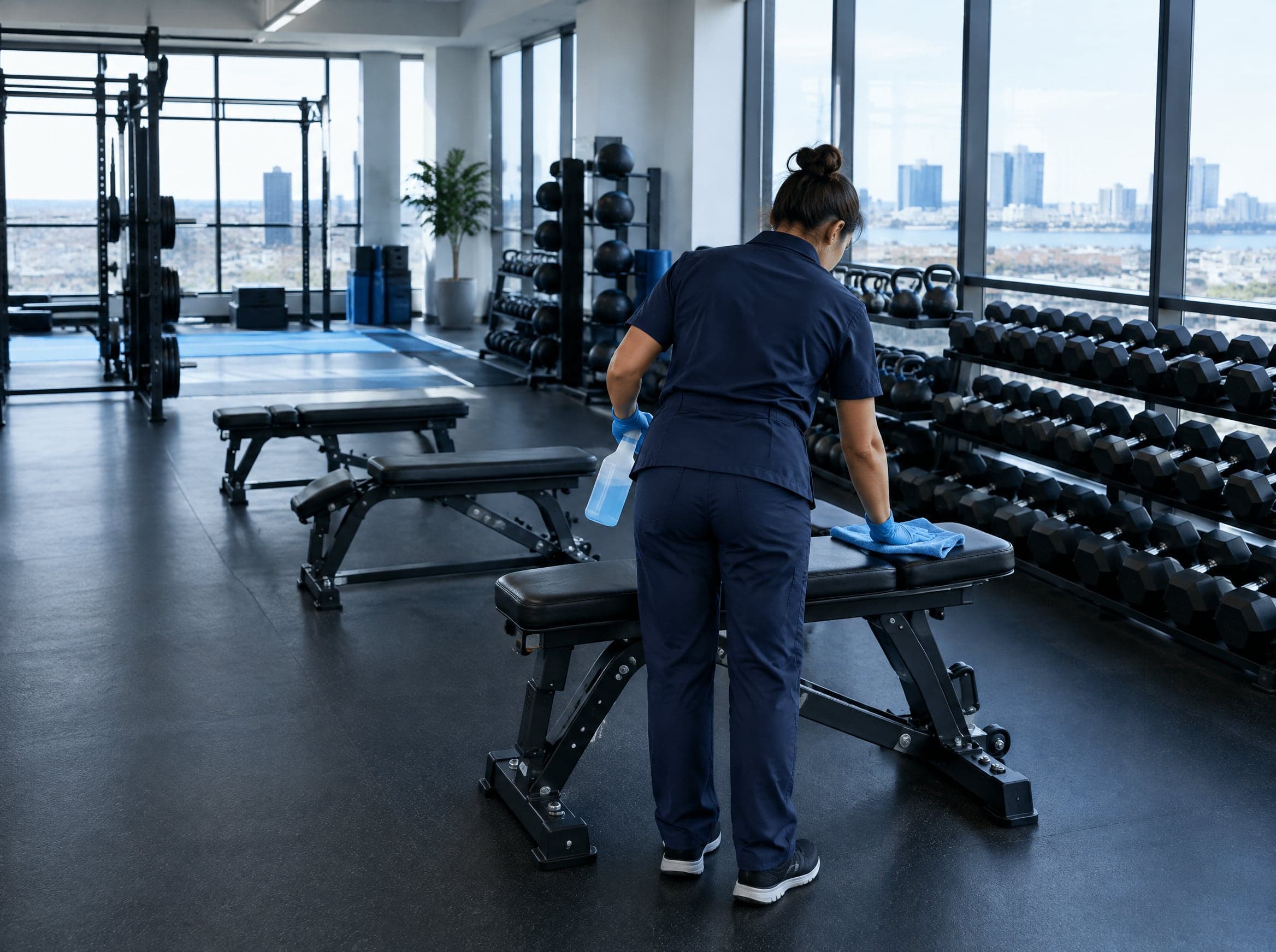 Fitnessstudio Reinigung München: Reinigungskraft desinfiziert eine Trainingsbank neben dem Hantelbereich (KI-generiertes Symbolbild)