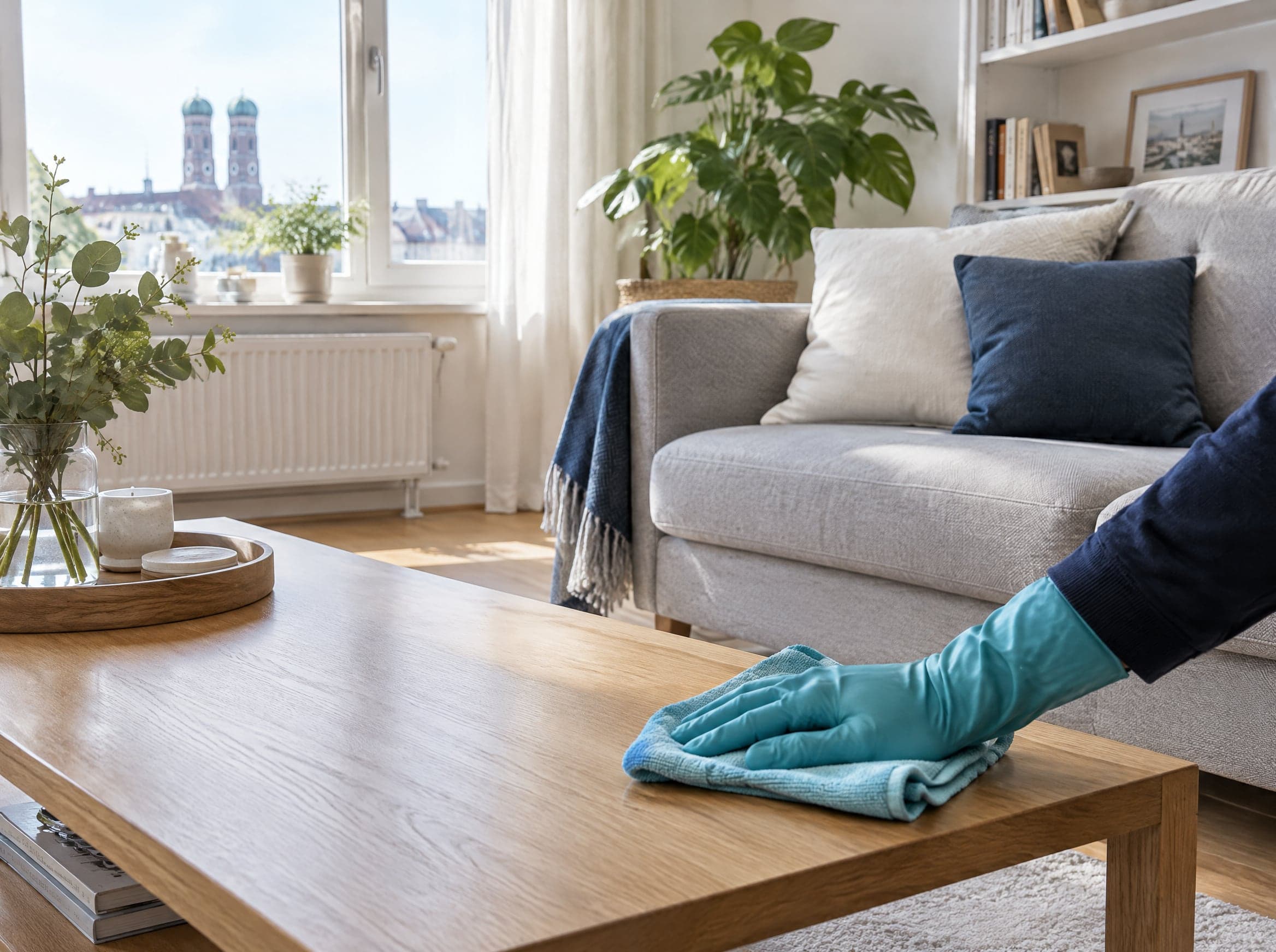 Haushaltsreinigung München: Couchtisch in einem hellen Wohnzimmer wird abgewischt (KI-generiertes Symbolbild)