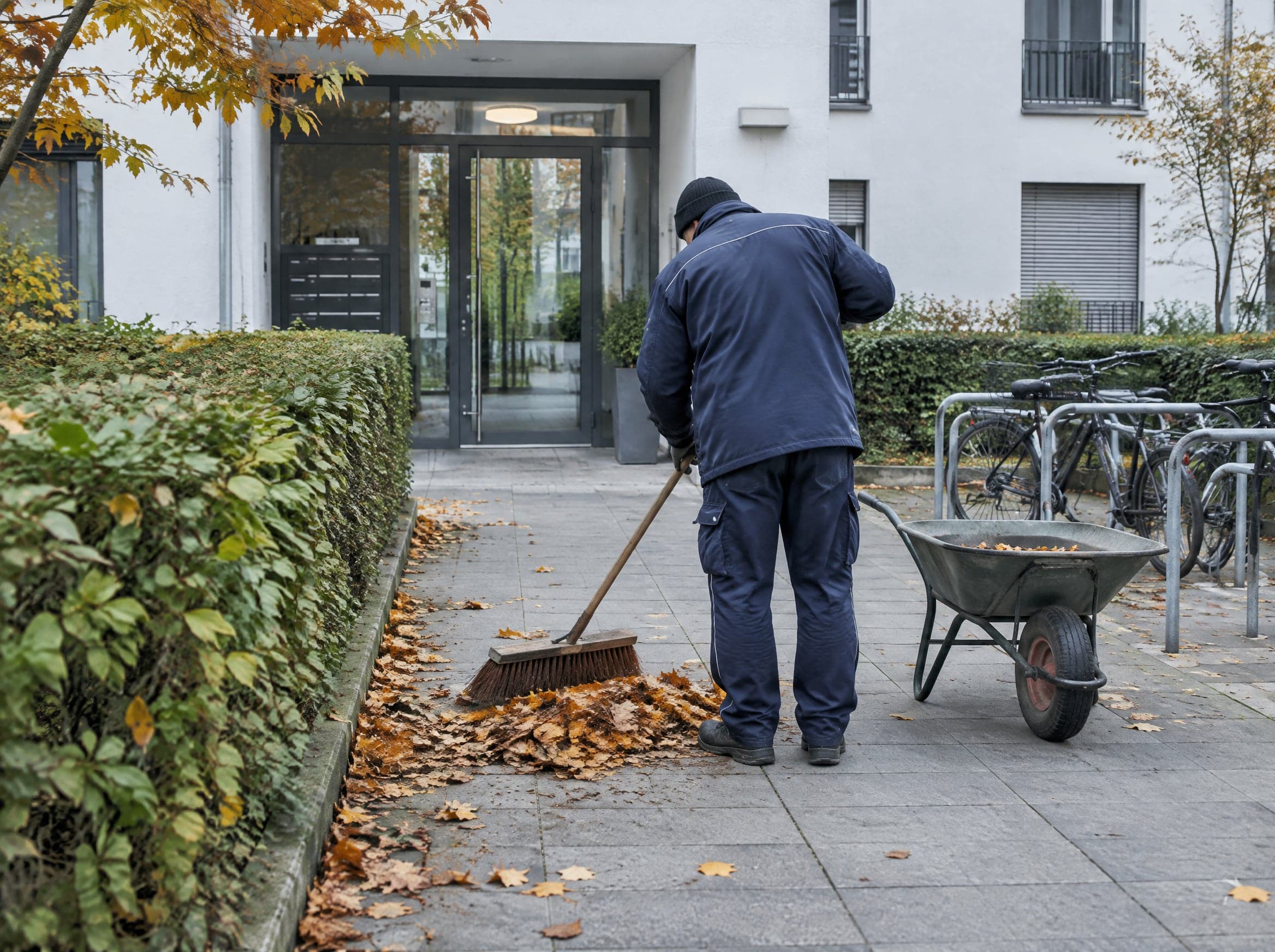 Hausmeisterservice München: Herbstlaub wird vor dem Eingang einer Wohnanlage zusammengekehrt (KI-generiertes Symbolbild)