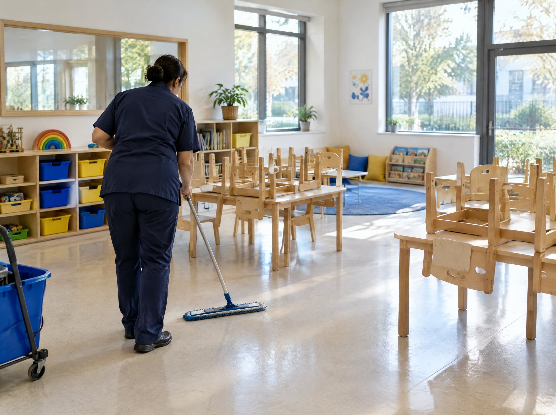 Kita Reinigung München: Reinigungskraft wischt den Boden eines Gruppenraums mit hochgestellten Kinderstühlen (KI-generiertes Symbolbild)