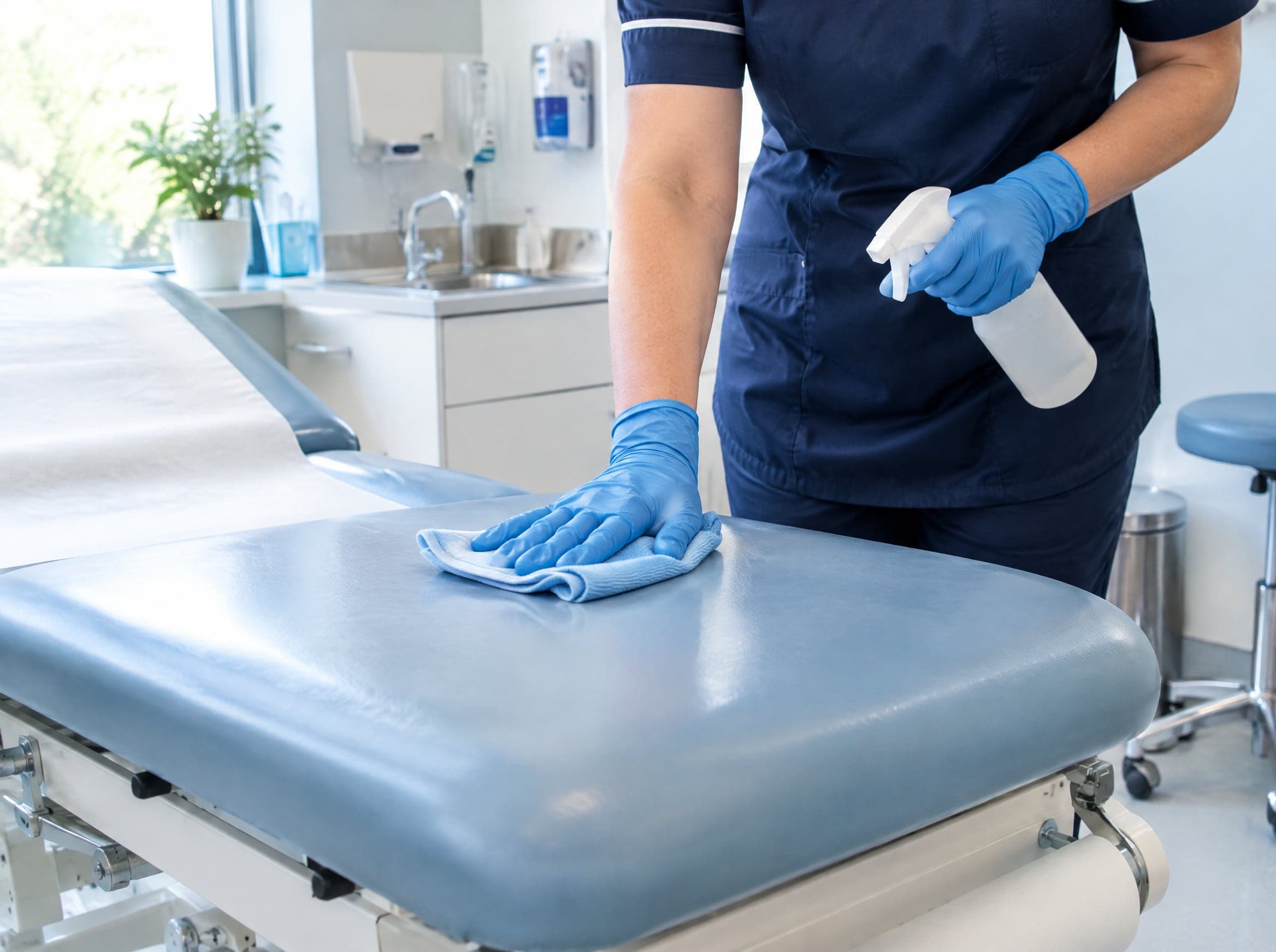 Praxisreinigung München: Hände in blauen Handschuhen reinigen eine Behandlungsliege (KI-generiertes Symbolbild)