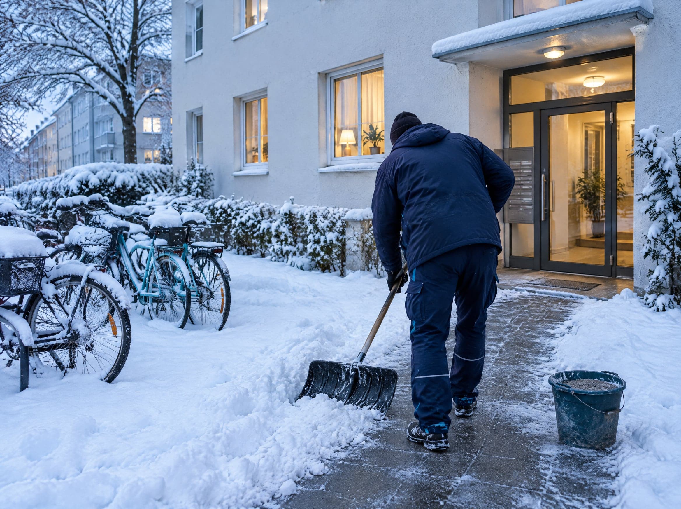 Winterdienst München: Gehweg vor dem Eingang eines Wohnhauses wird von Schnee geräumt, daneben ein Eimer Splitt (KI-generiertes Symbolbild)